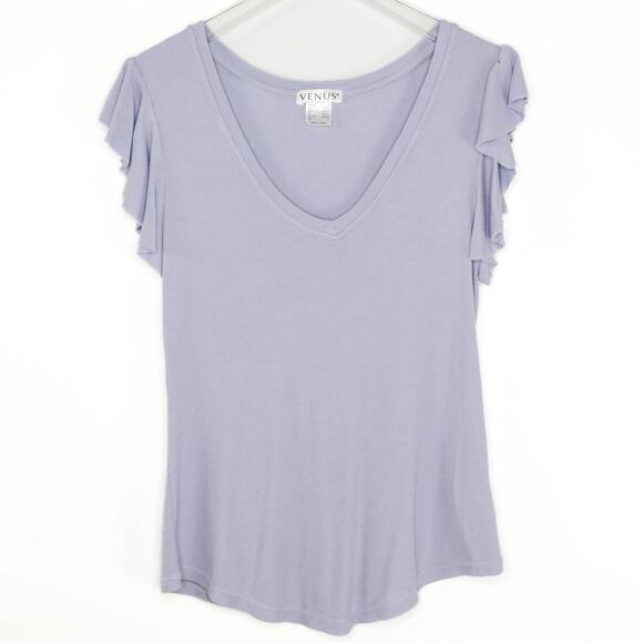 Y2k Venus Purple Ribbed V-Neck Ruffle Sleeve Short Sleeve Top Small - Picture 1 of 7